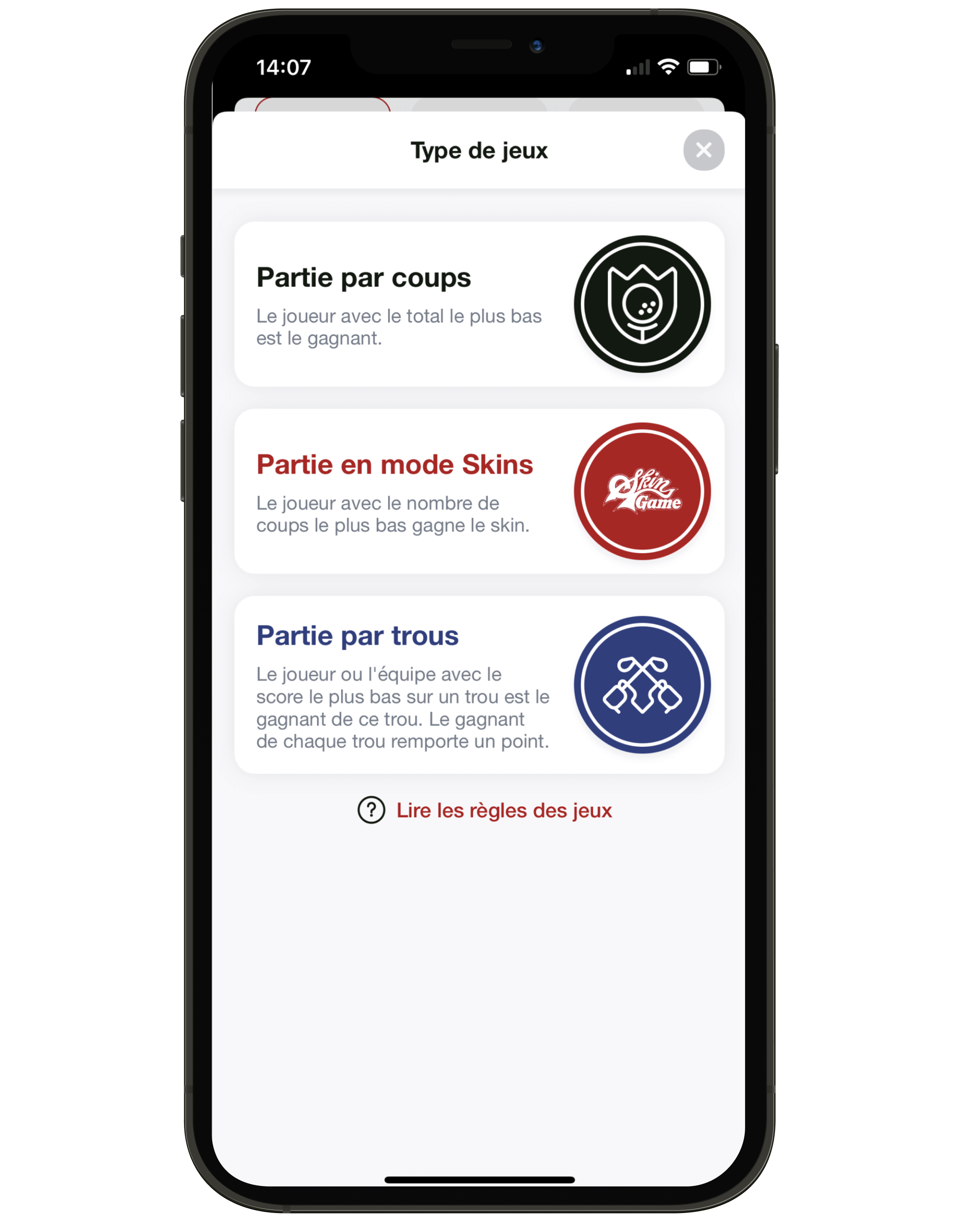 Interface montrant les modes de jeu