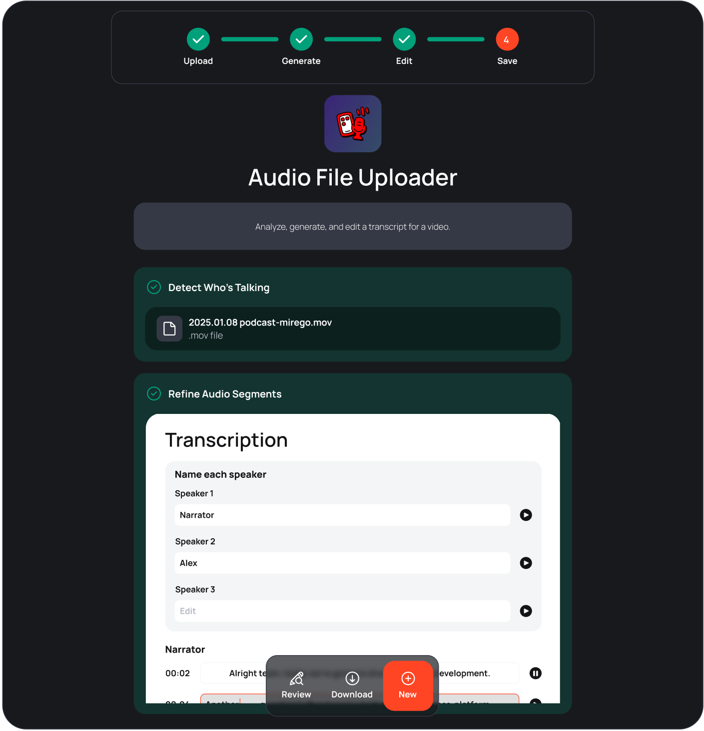 Transcription micro app interface