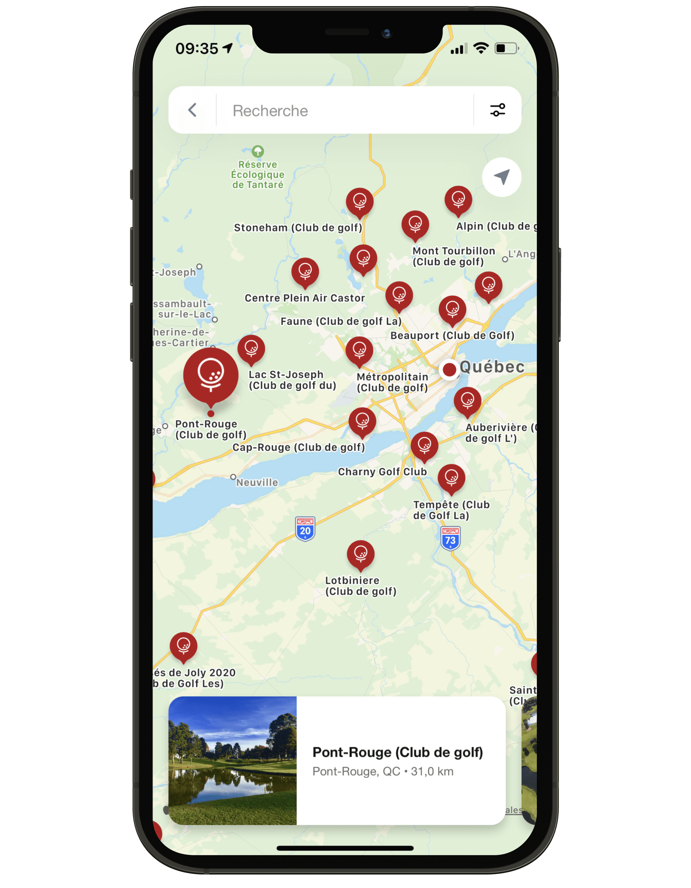 Carte interactive affichant les terrains de golf