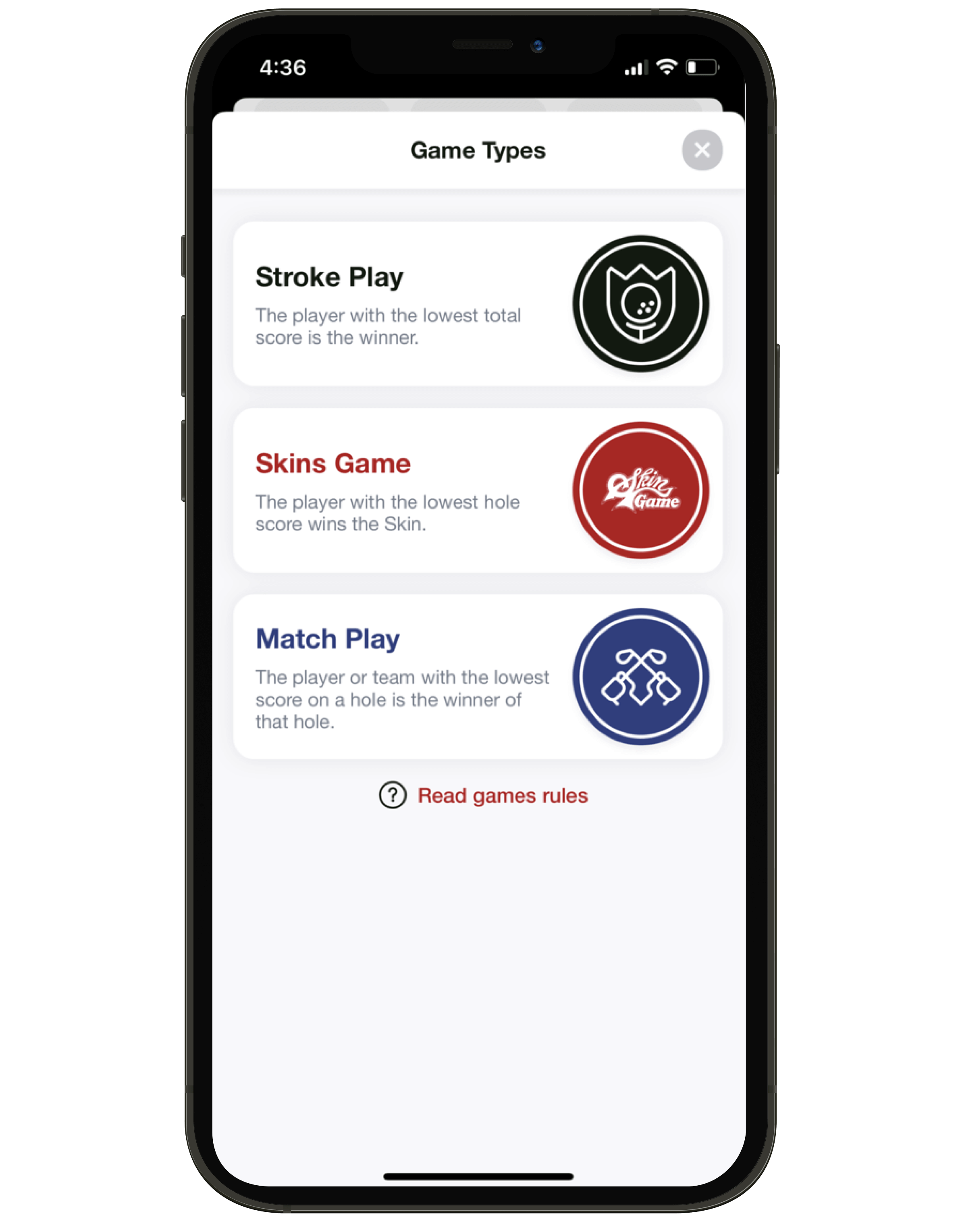 Interface showing game modes