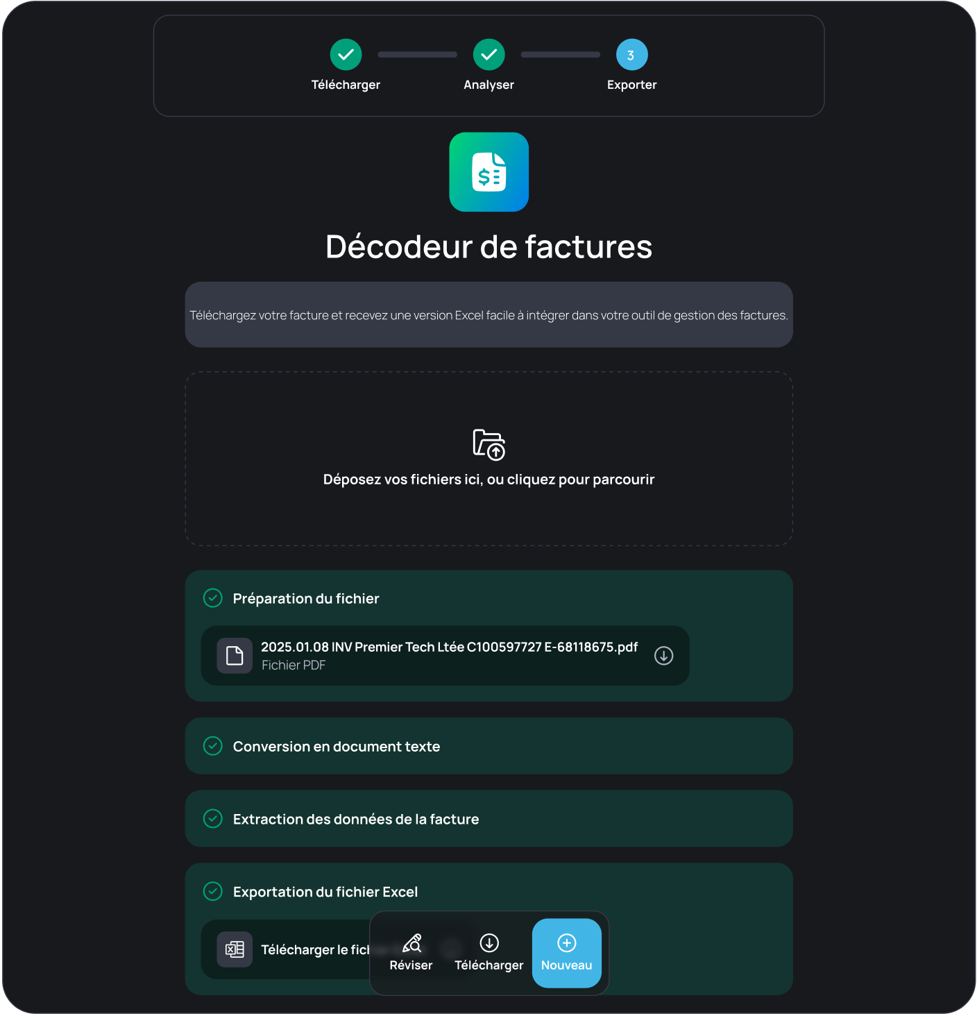 Interface de la micro app Décodeur de factures