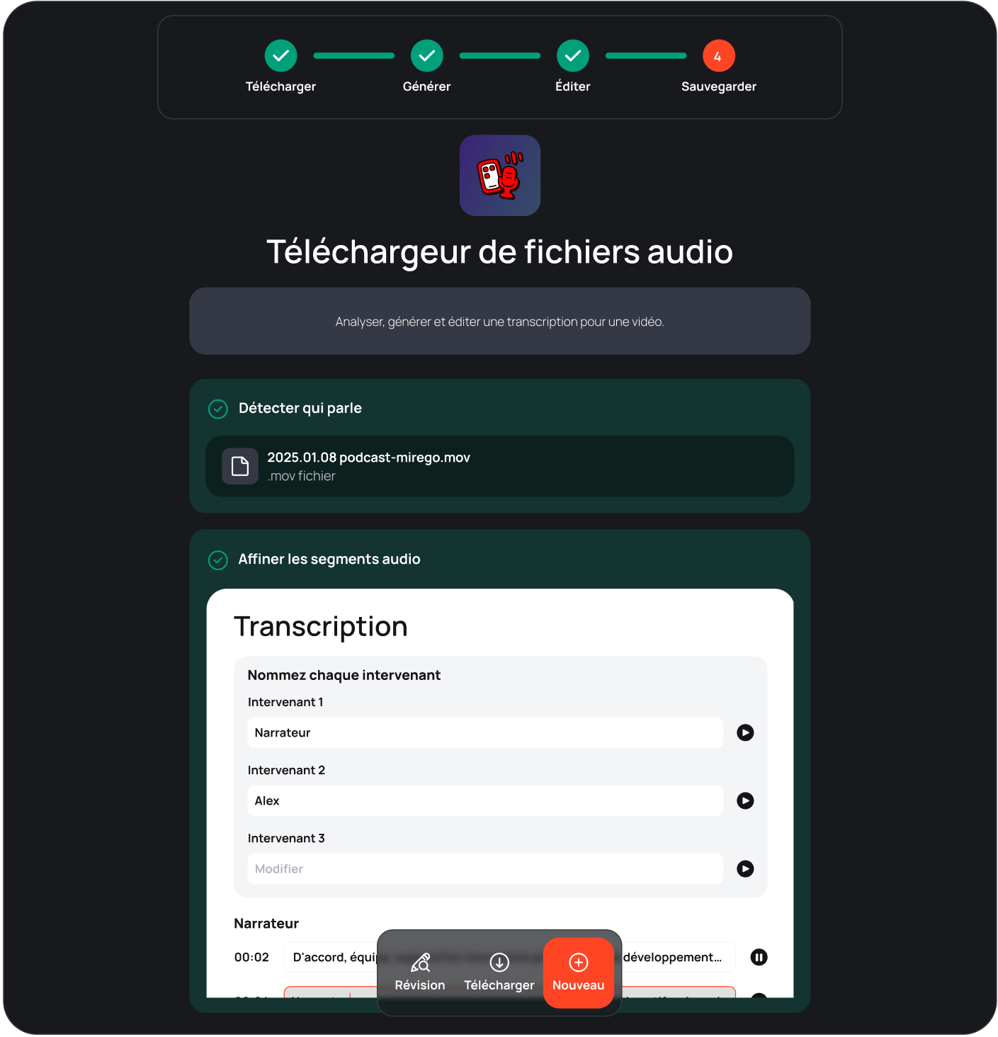 Interface de la micro app de transcription