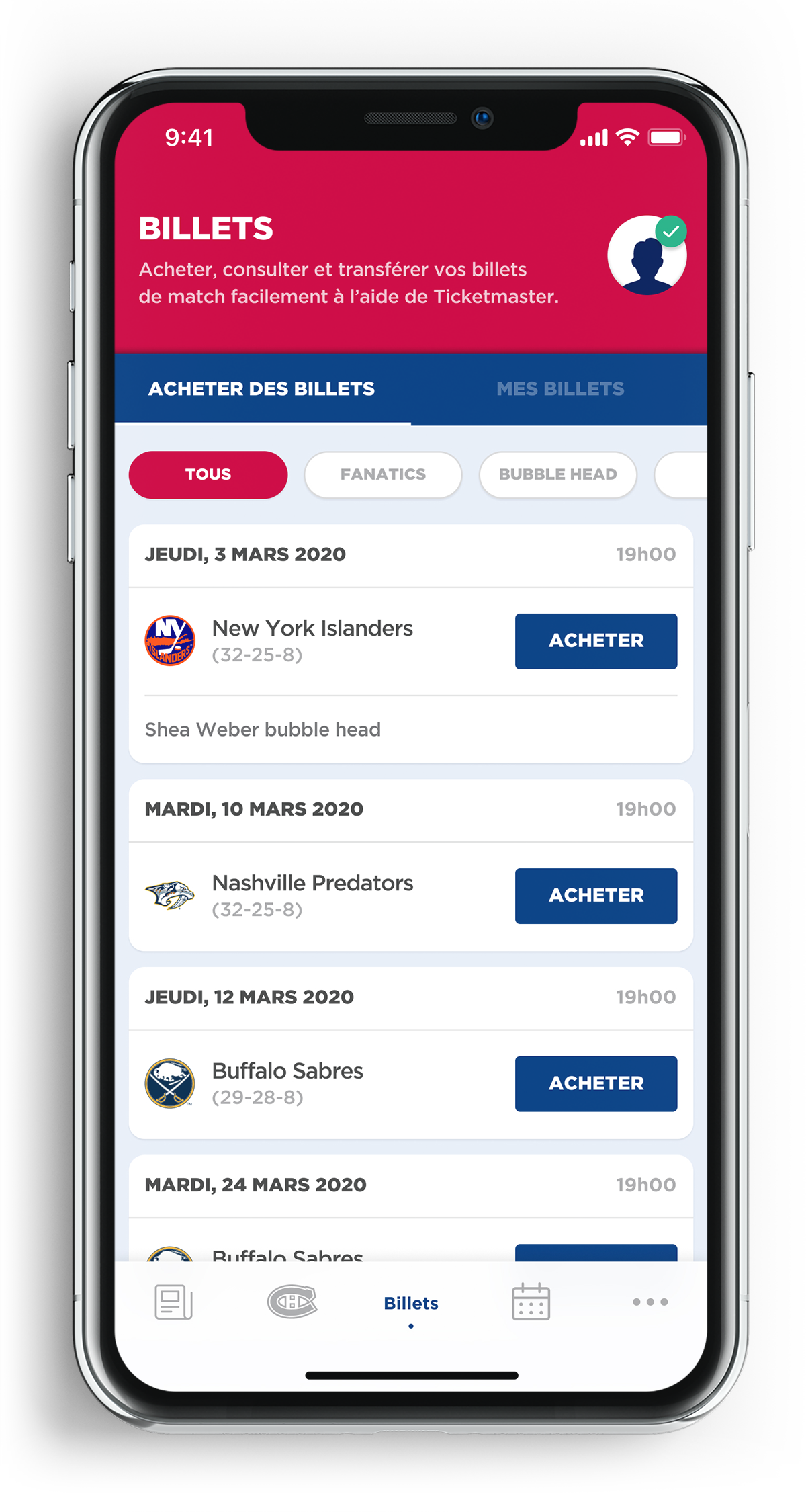 Interface mobile de la billetterie