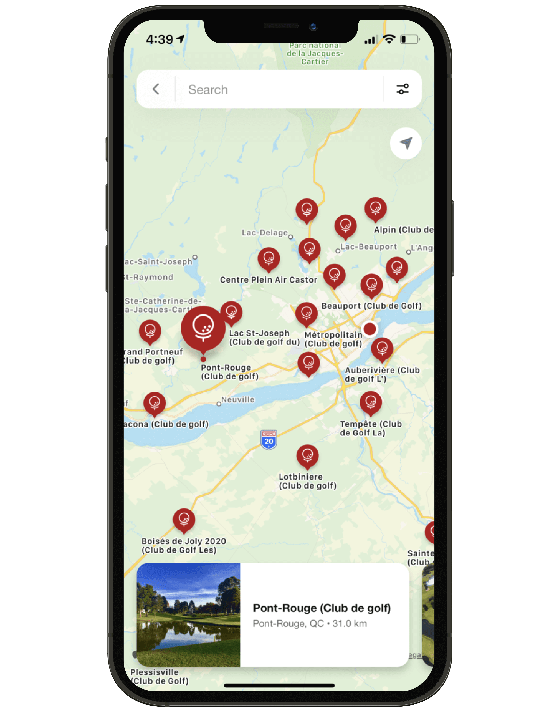 Interactive map displaying golf courses