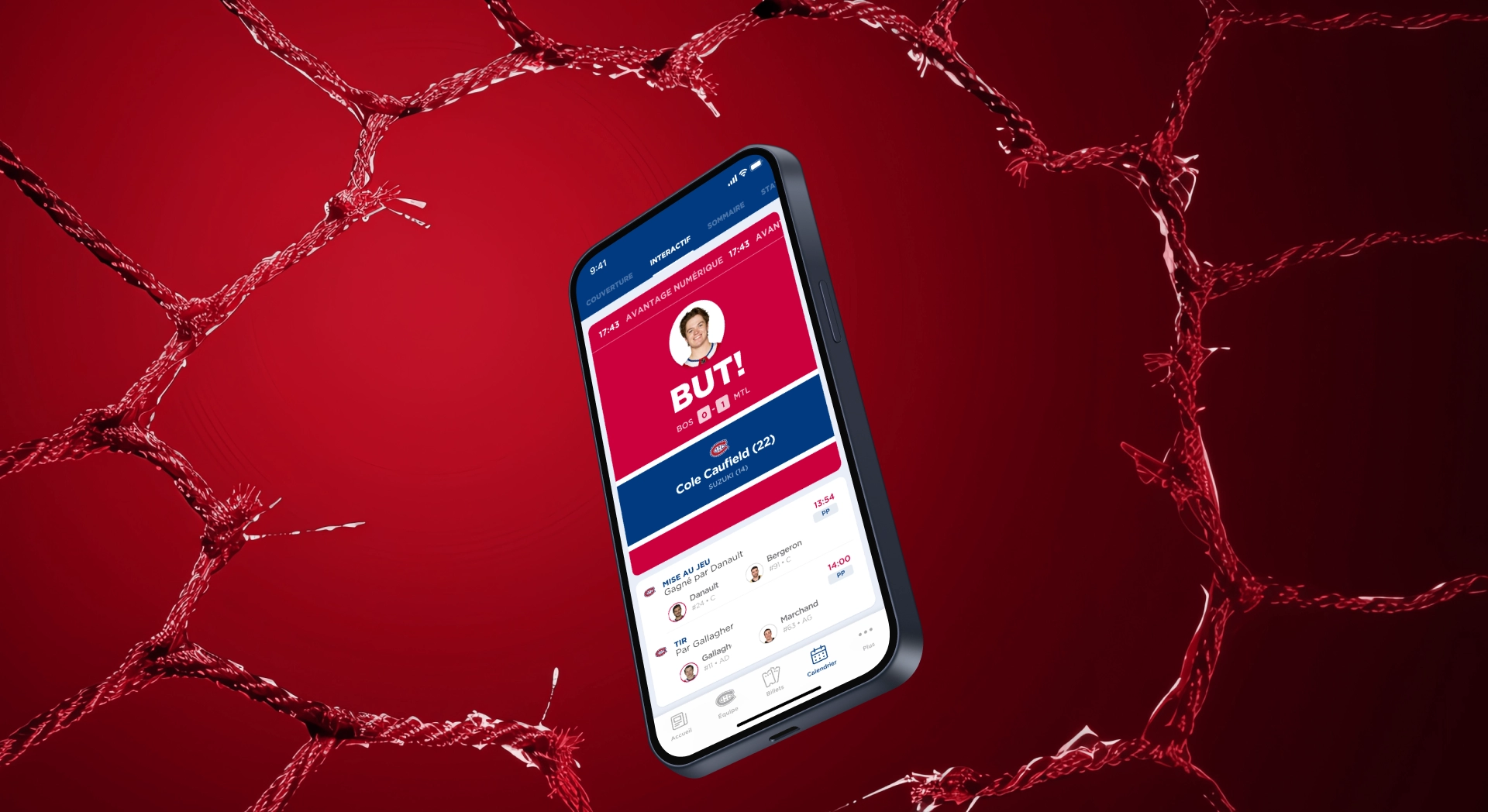 Interface de l'application mobile du Canadiens de Montréal