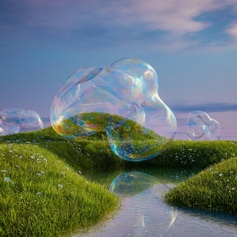 Bulles flottant dans les airs au-dessus d'un paysage d'herbe épuré. Rendu en trois dimensions.