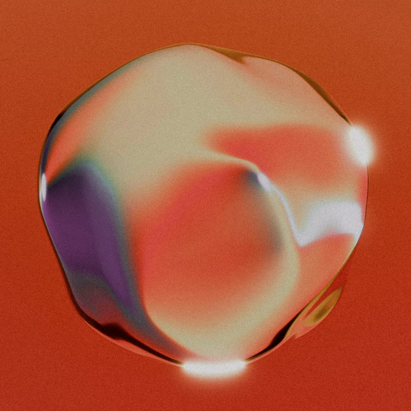 Abstract shape with iridescent reflections blending orange, blue and pink on an orange background.