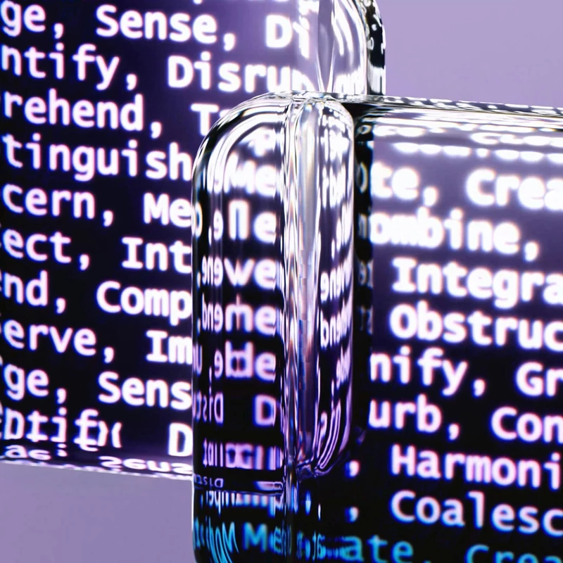 Gros plan artistique de deux blocs de verre transparents qui déforment un écran affichant du texte blanc lumineux sur fond violet; les mots apparaissent flous et grossis par la réfraction.