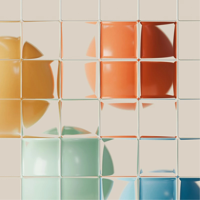Grid of glossy tiles in color gradient