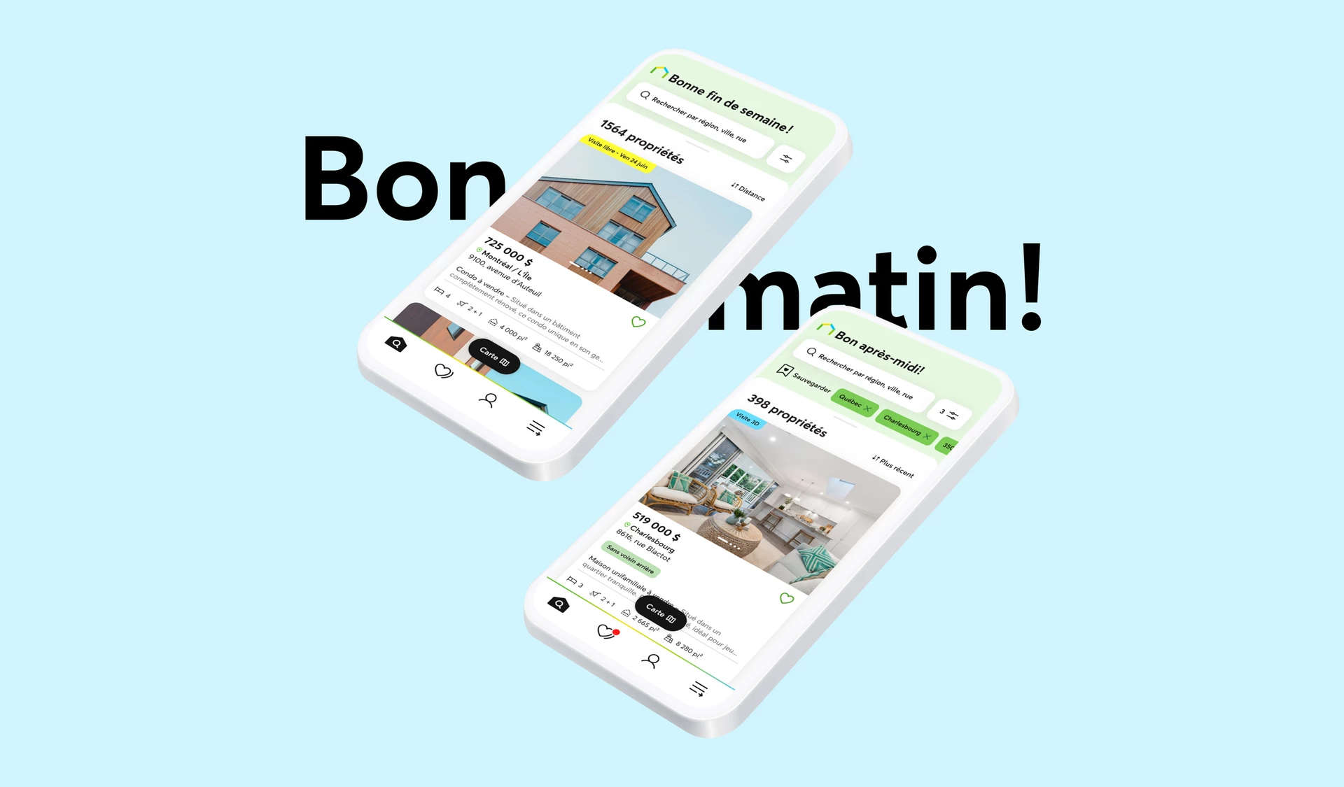Aperçu de l'application mobile DuProprio, montrant la page d'accueil