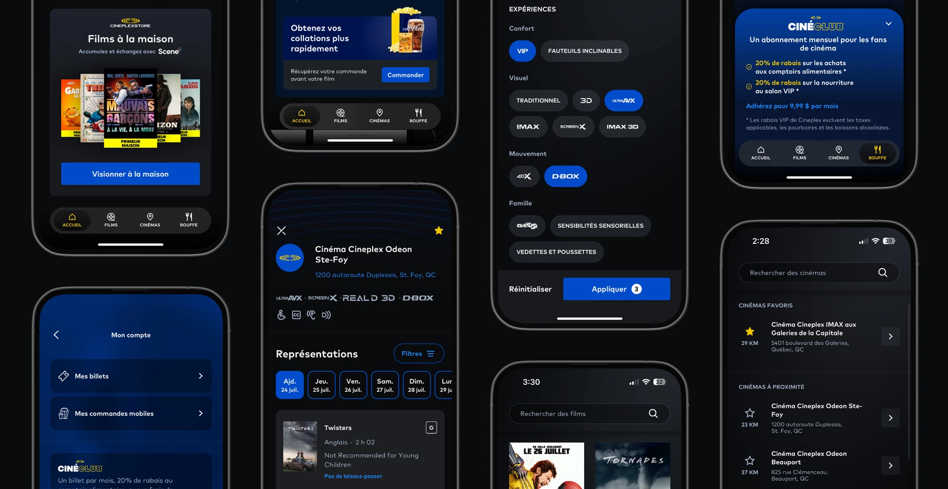 Montage de divers écrans de l'application de Cineplex
