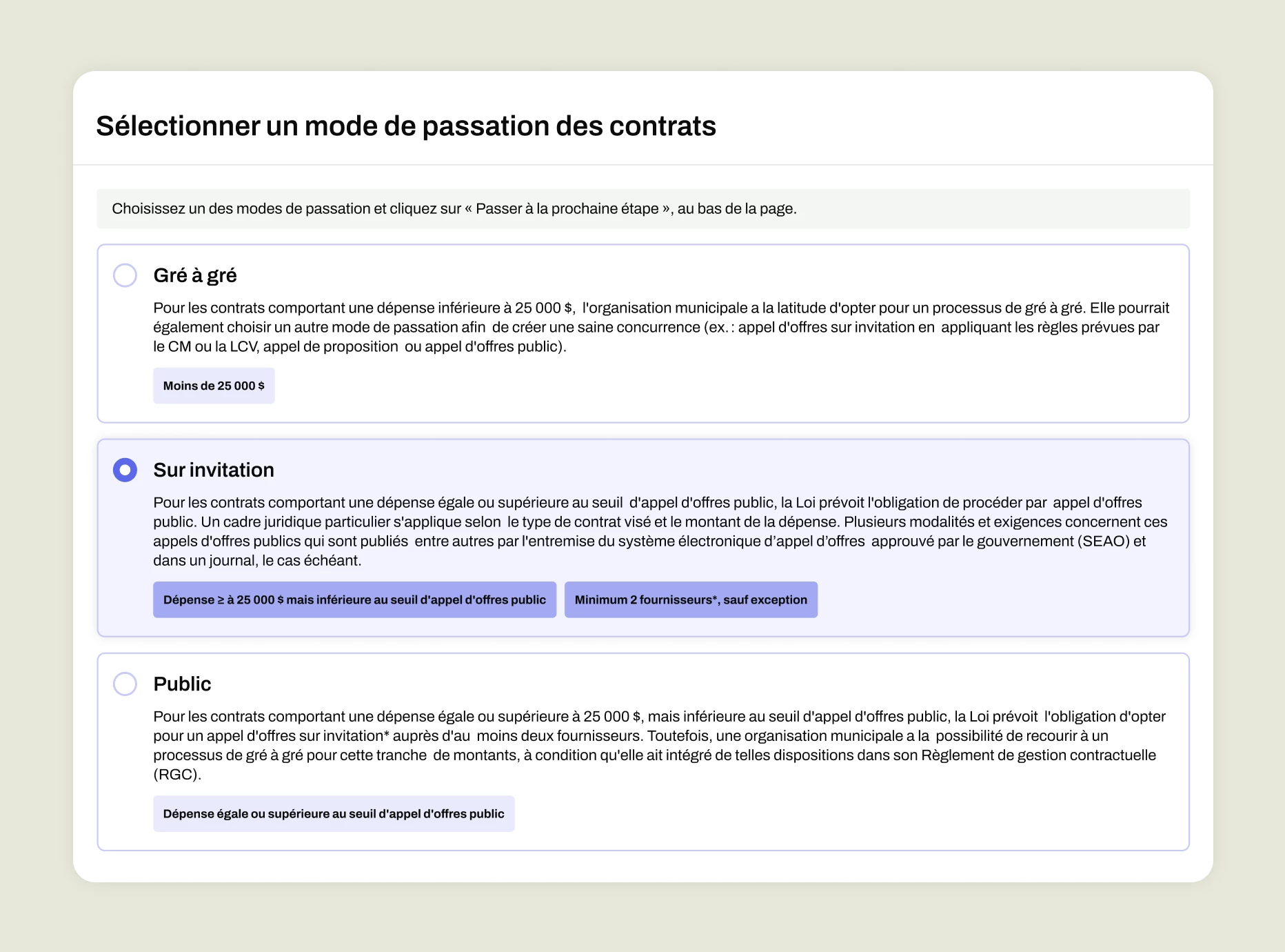 Contract award mode selection interface
