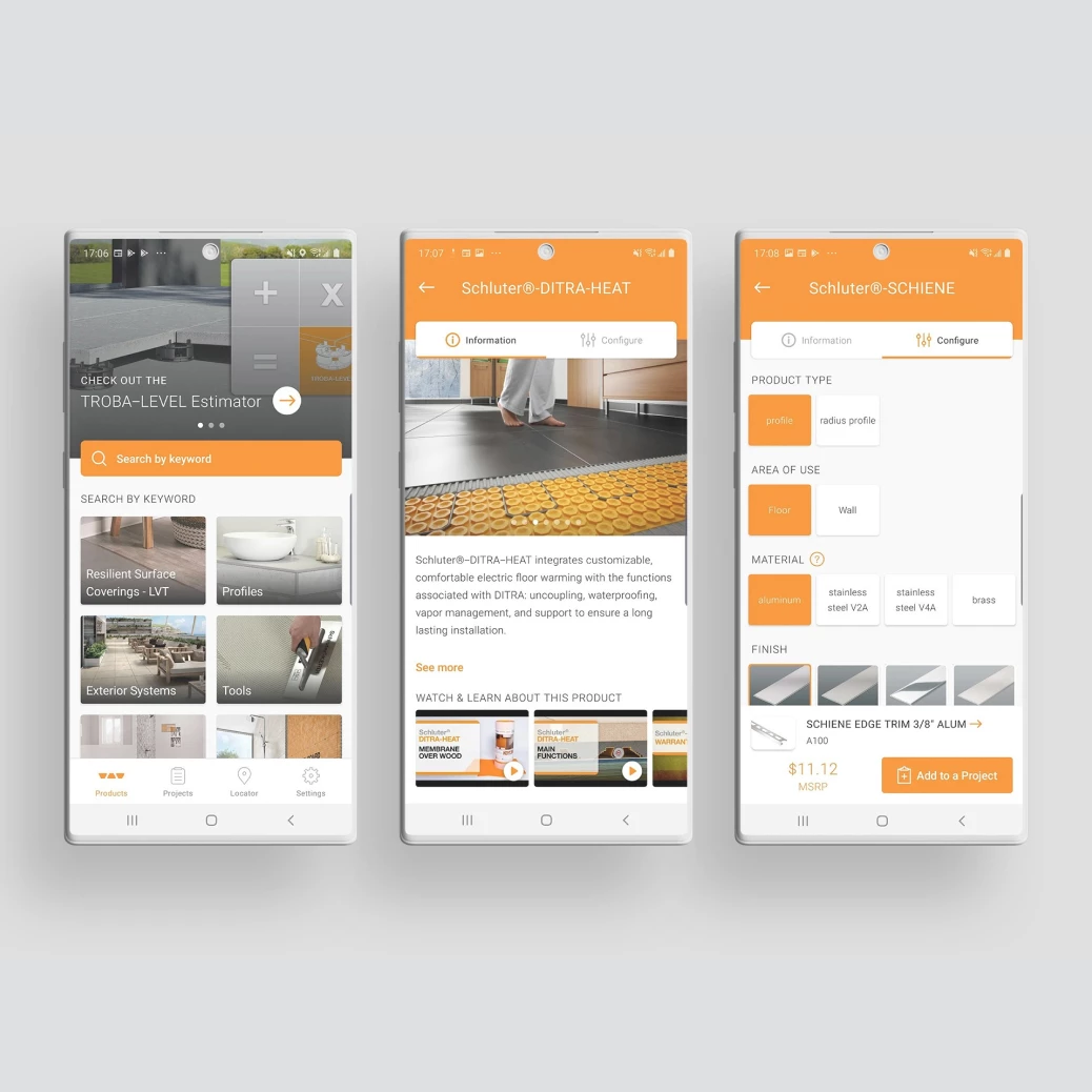 Schluter product and configurator screens