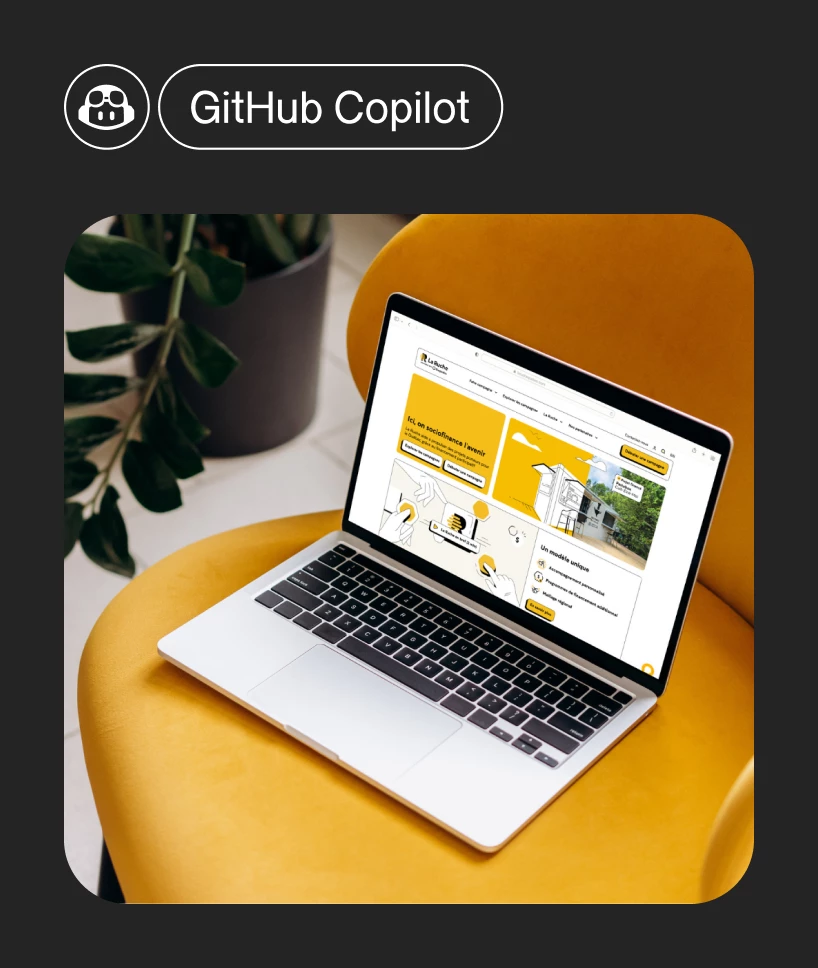 Logo GitHub Copilot et page d'accueil du site web de La Ruche