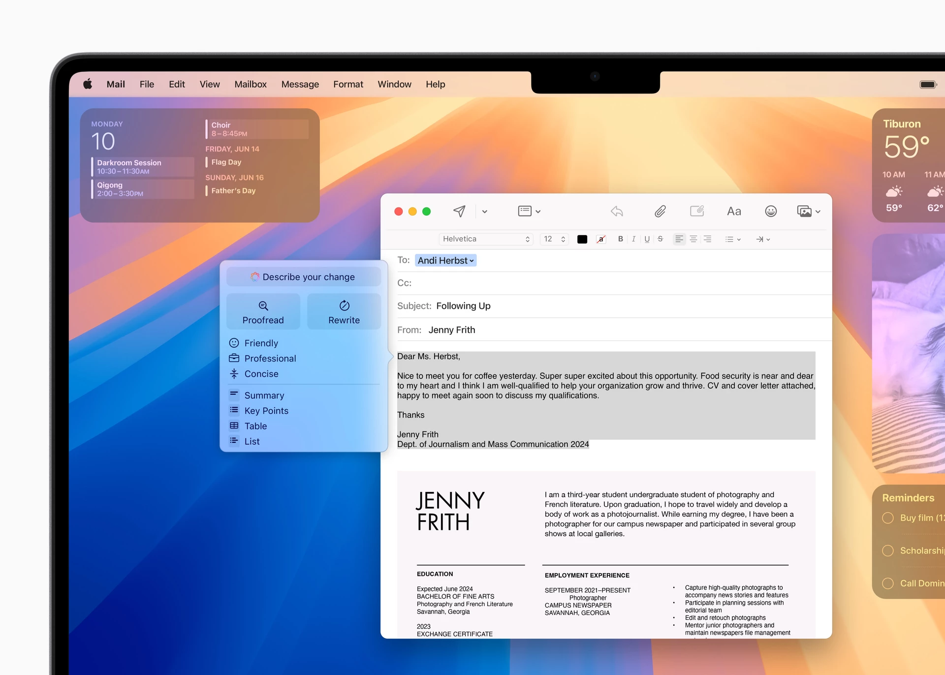 Apple Intelligence's Writing Tools features, in Mail app