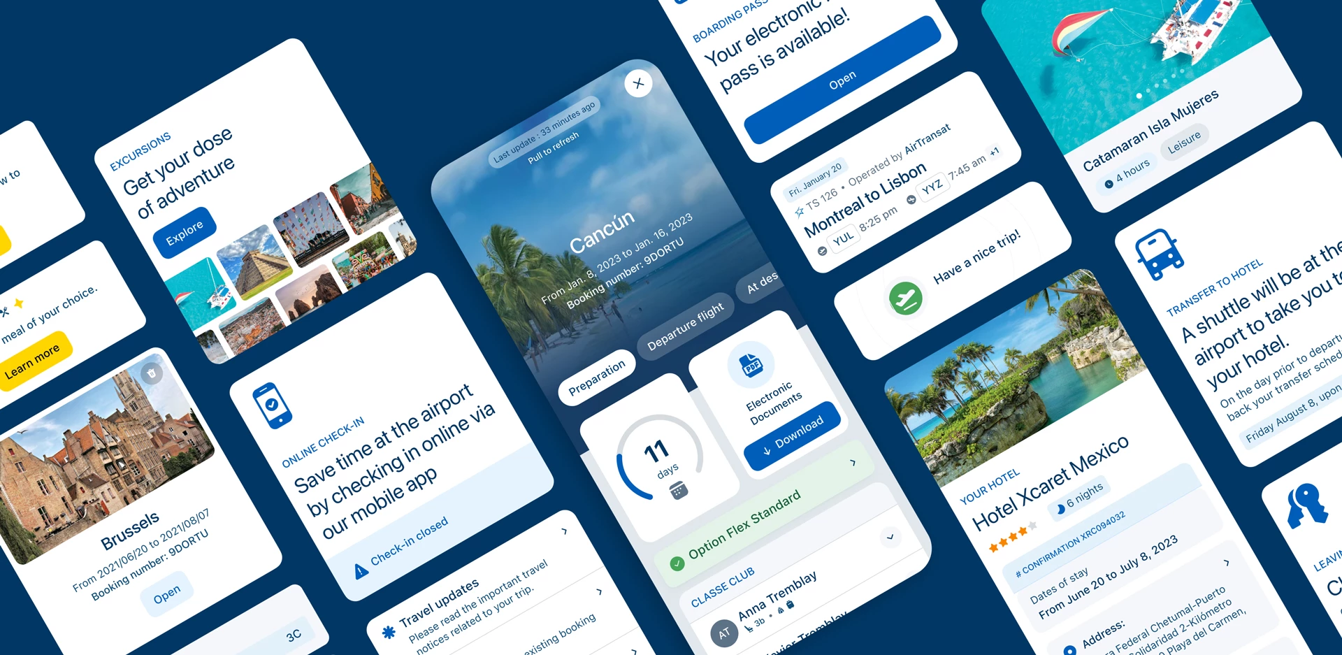 Multiple screens of the Air Transat mobile app