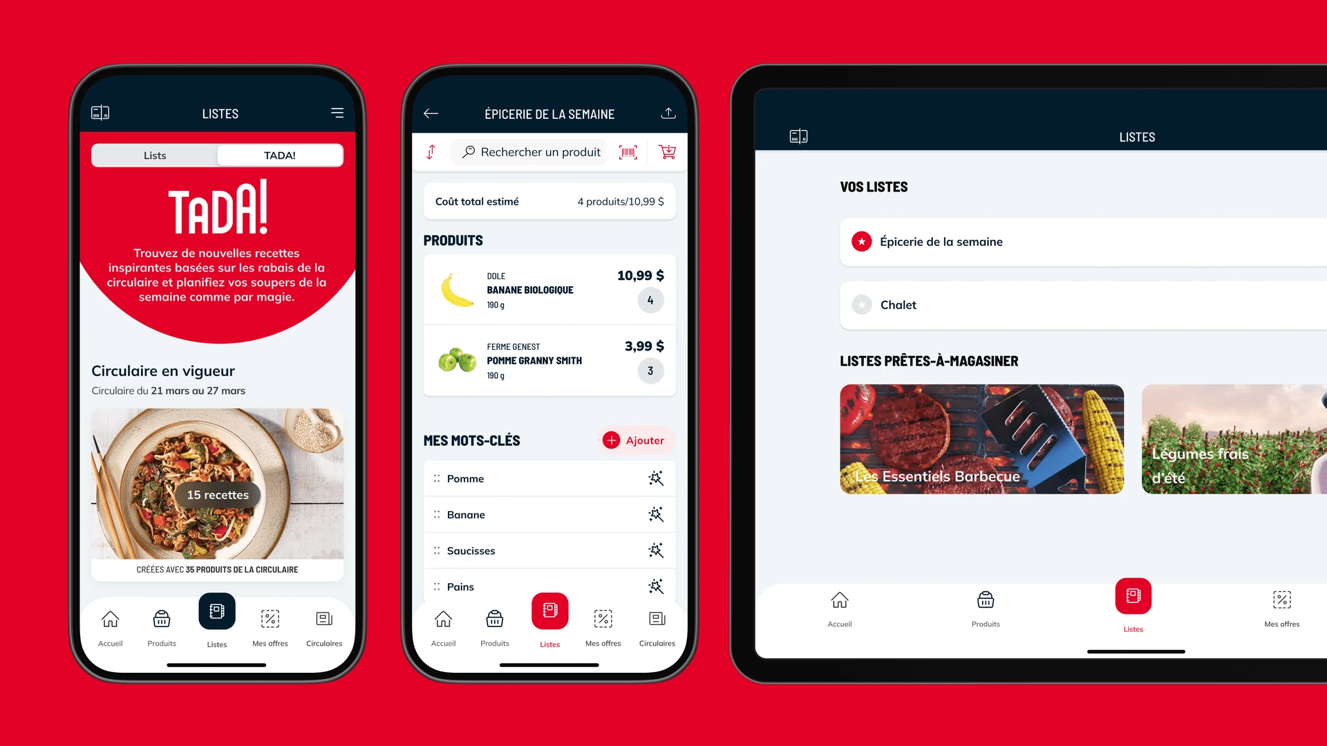 Écrans TADA et liste d'épicerie en version mobile et tablette