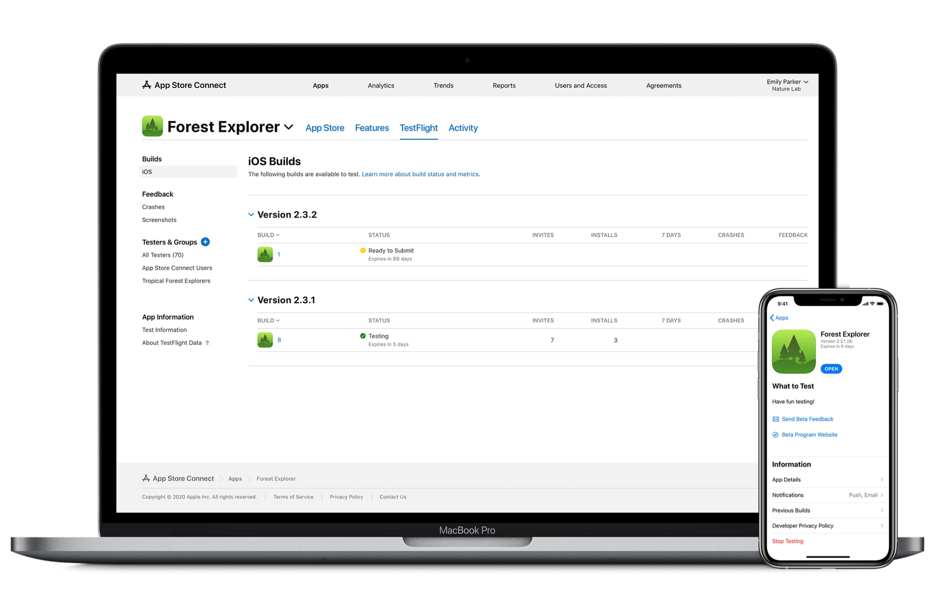 Apple TestFlight interface on desktop and mobile