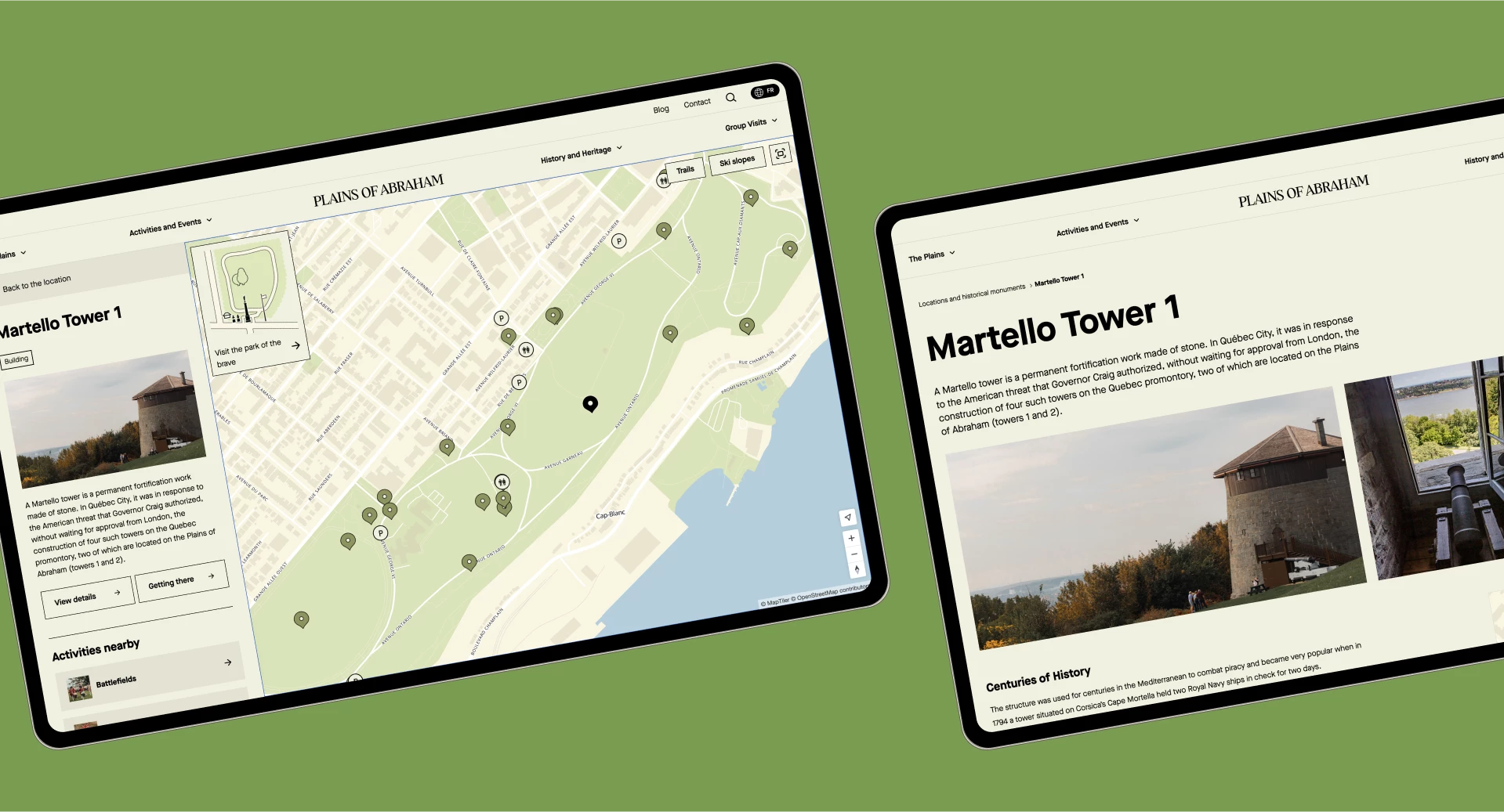 Interactive map of the Plains of Abraham showing points of interest and activities