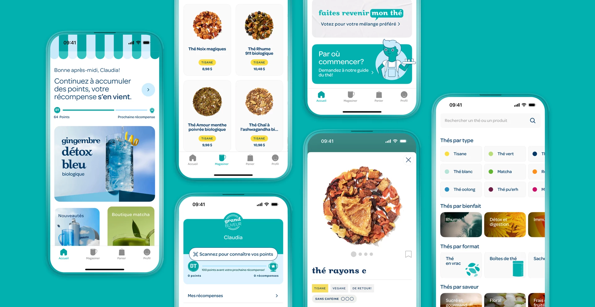 Plusieurs écrans de l'application mobile DAVIDsTEA