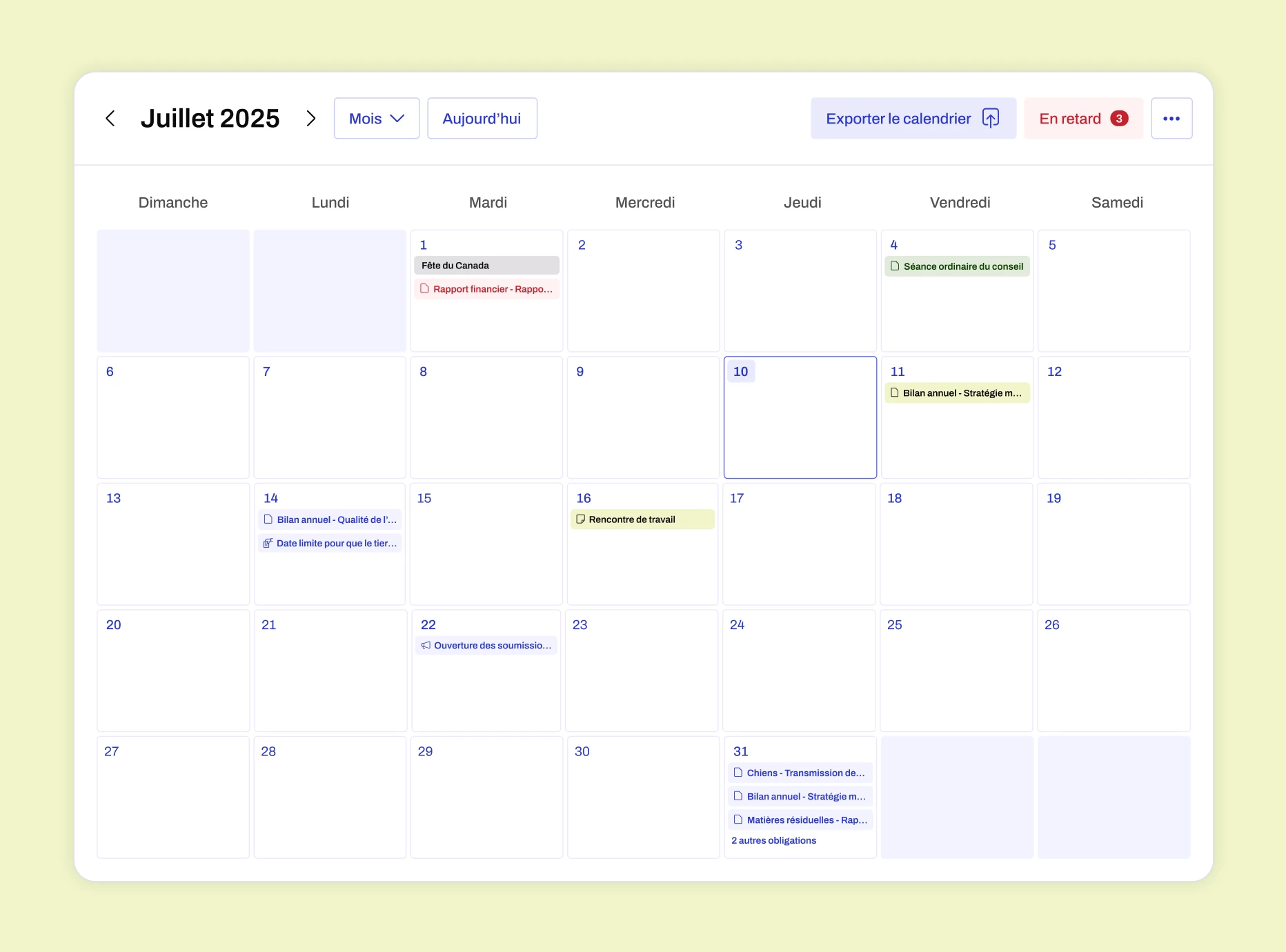 Obligation calendar