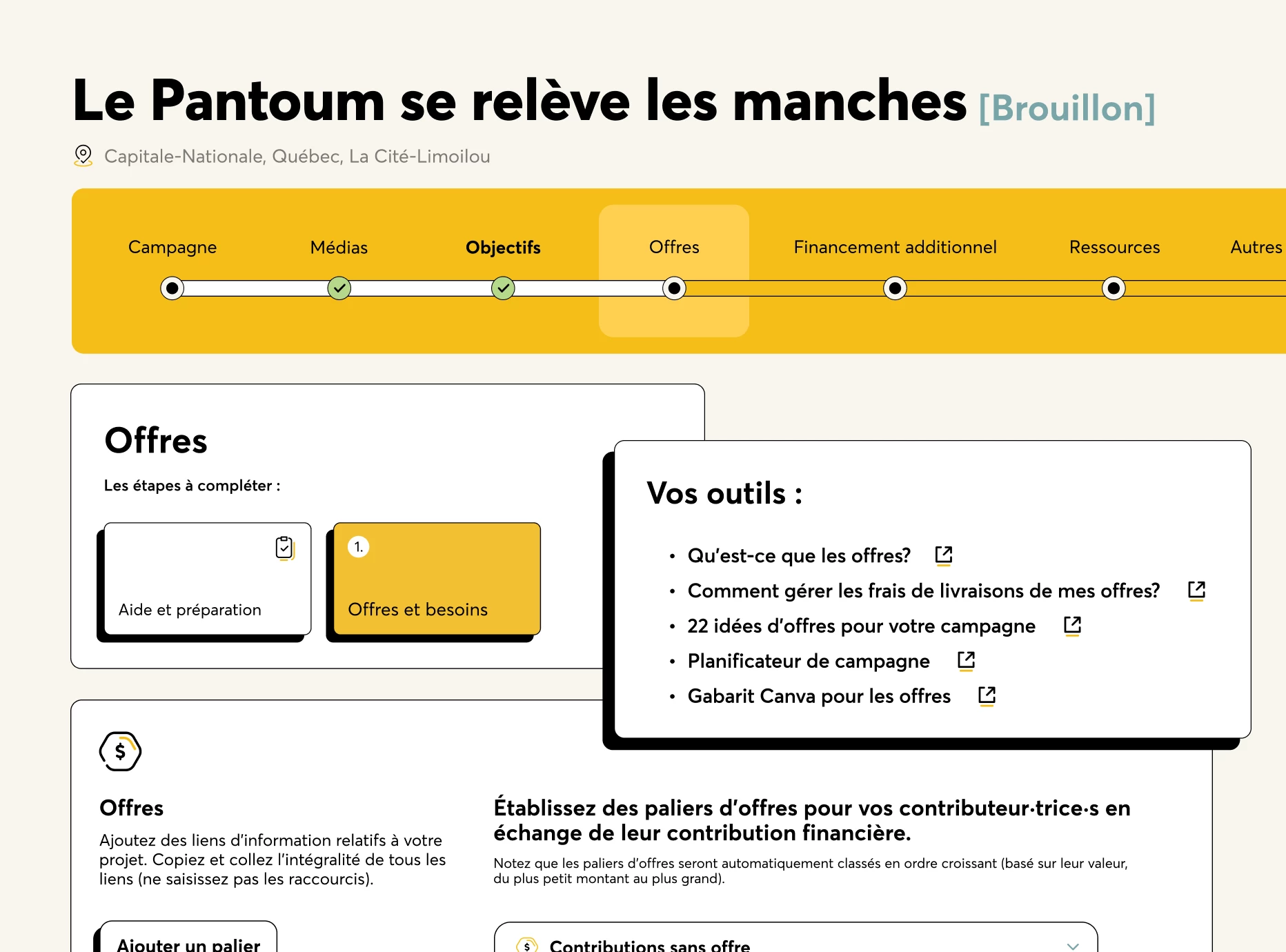 Interface du tableau de bord personnalisé des porteurs de projet