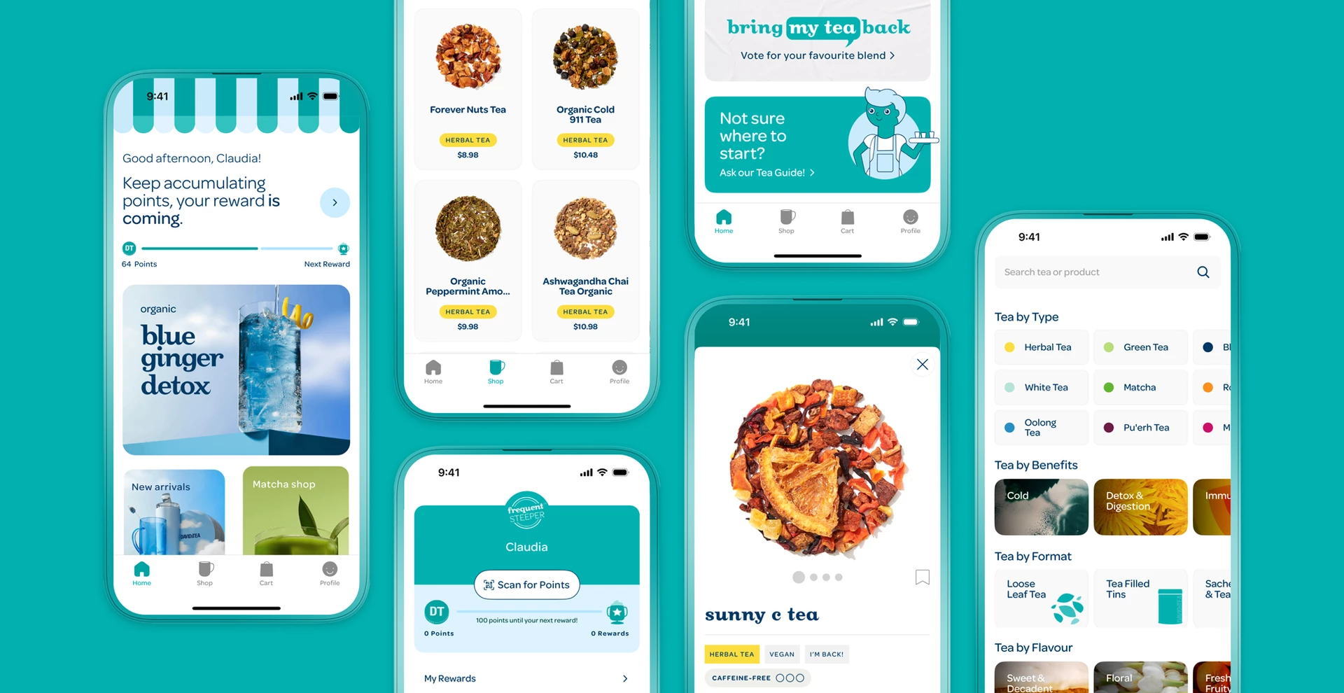 Multiple screens of the DAVIDsTEA mobile app