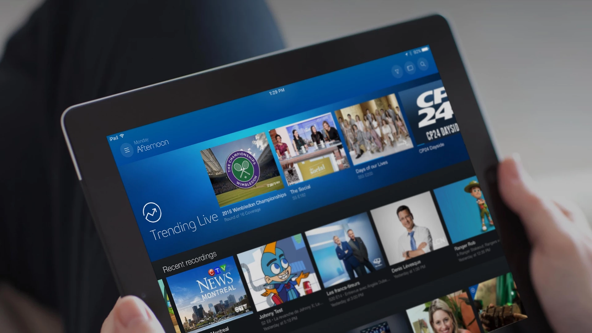 Bell Fibe TV home screen on tablet