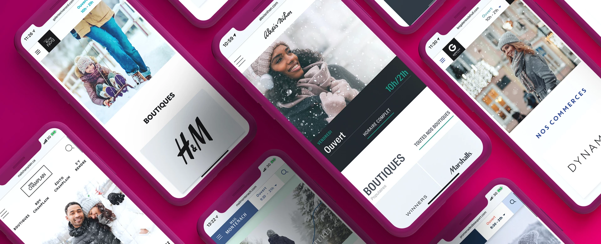 Mobile website mosaic of various Cominar shopping centers