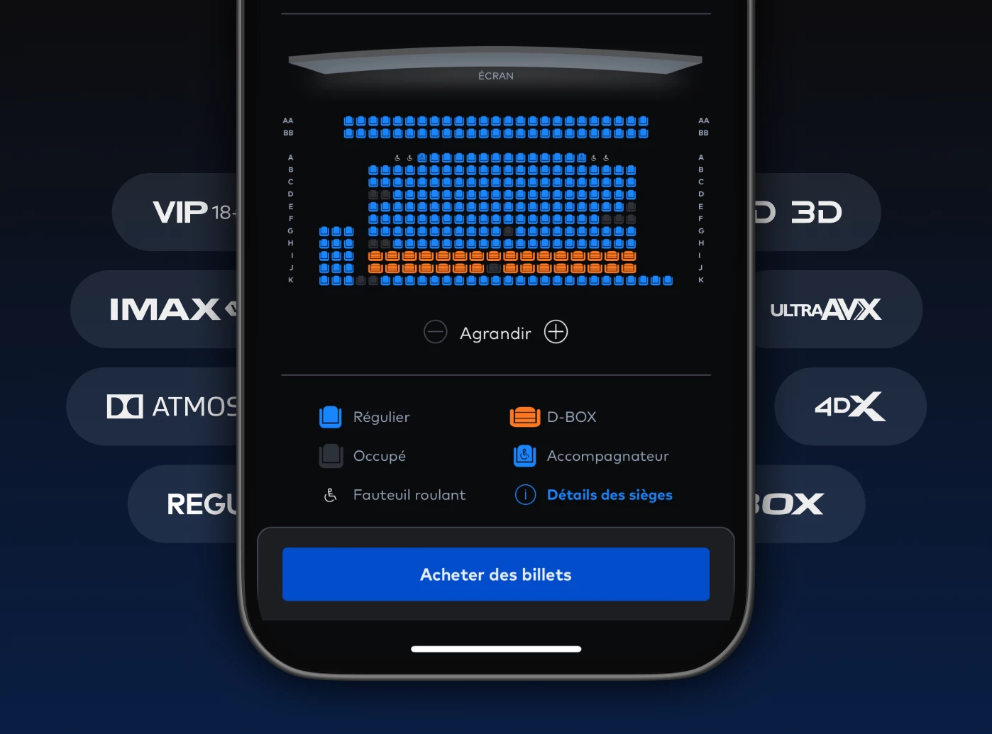 "Présentation visuelle des options de visionnement ainsi que l'interface de sélection des sièges