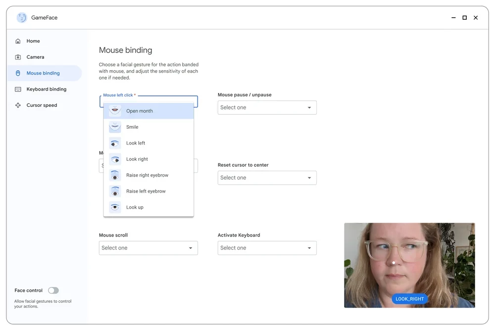Interface du Project Gameface de Google montrant les contrôles par gestes faciaux
