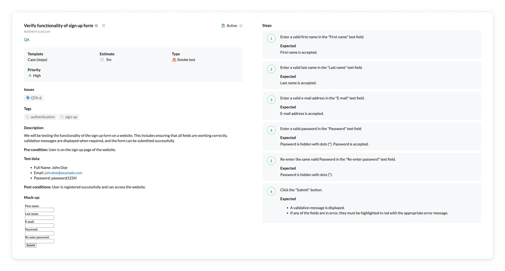 Screenshot of a detailed traditional test case showing steps, expected results, and test data