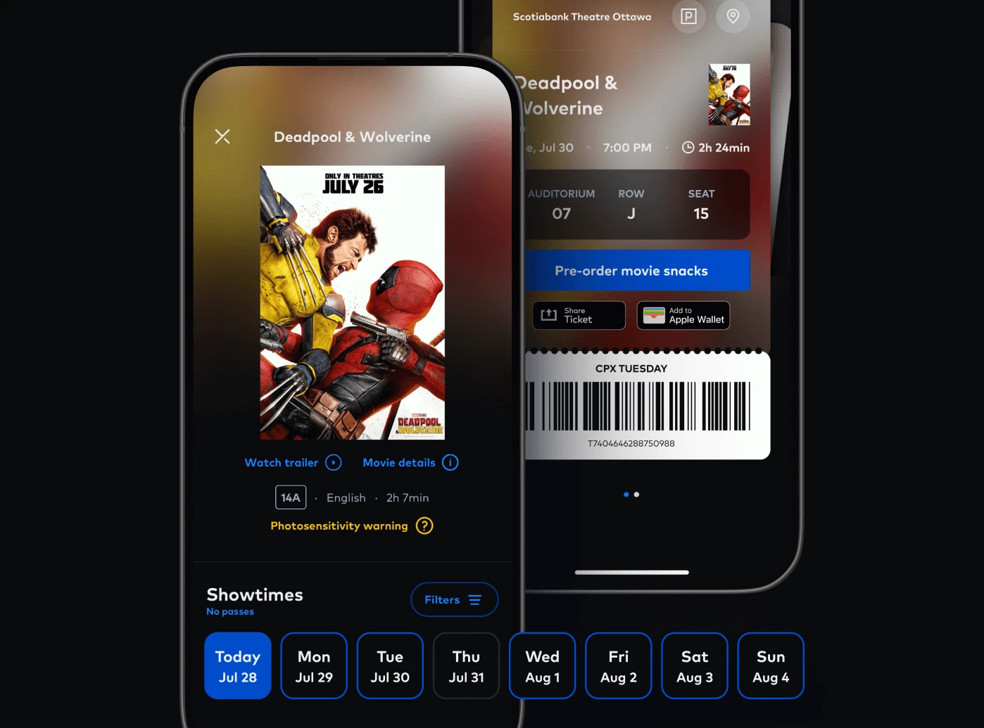 Showtime schedule and ticket interfaces
