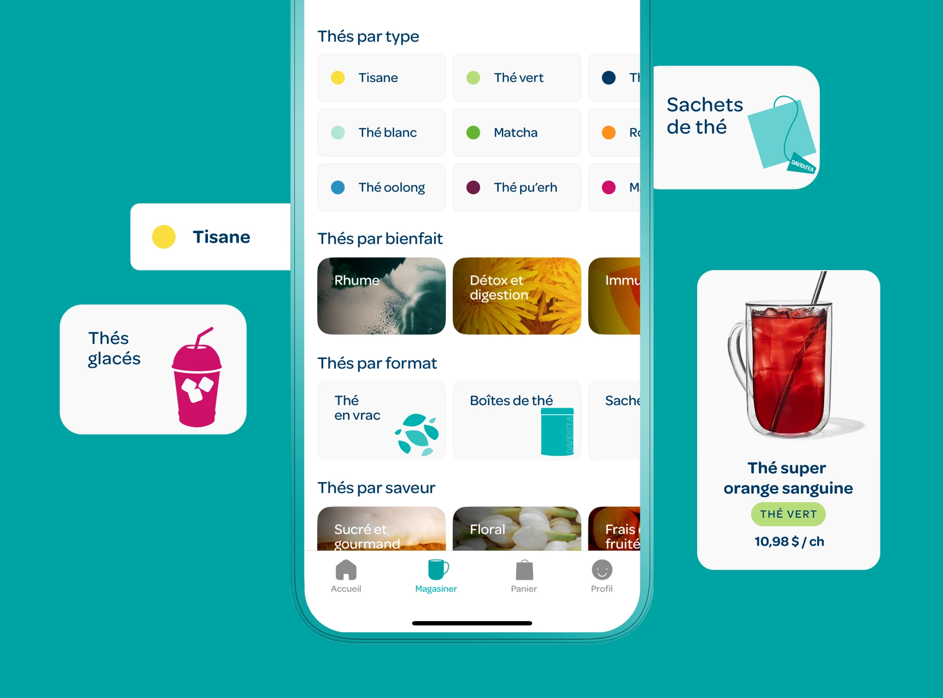 Interface d'achat affichant les catégories de thé, options de filtrage et fiches produits