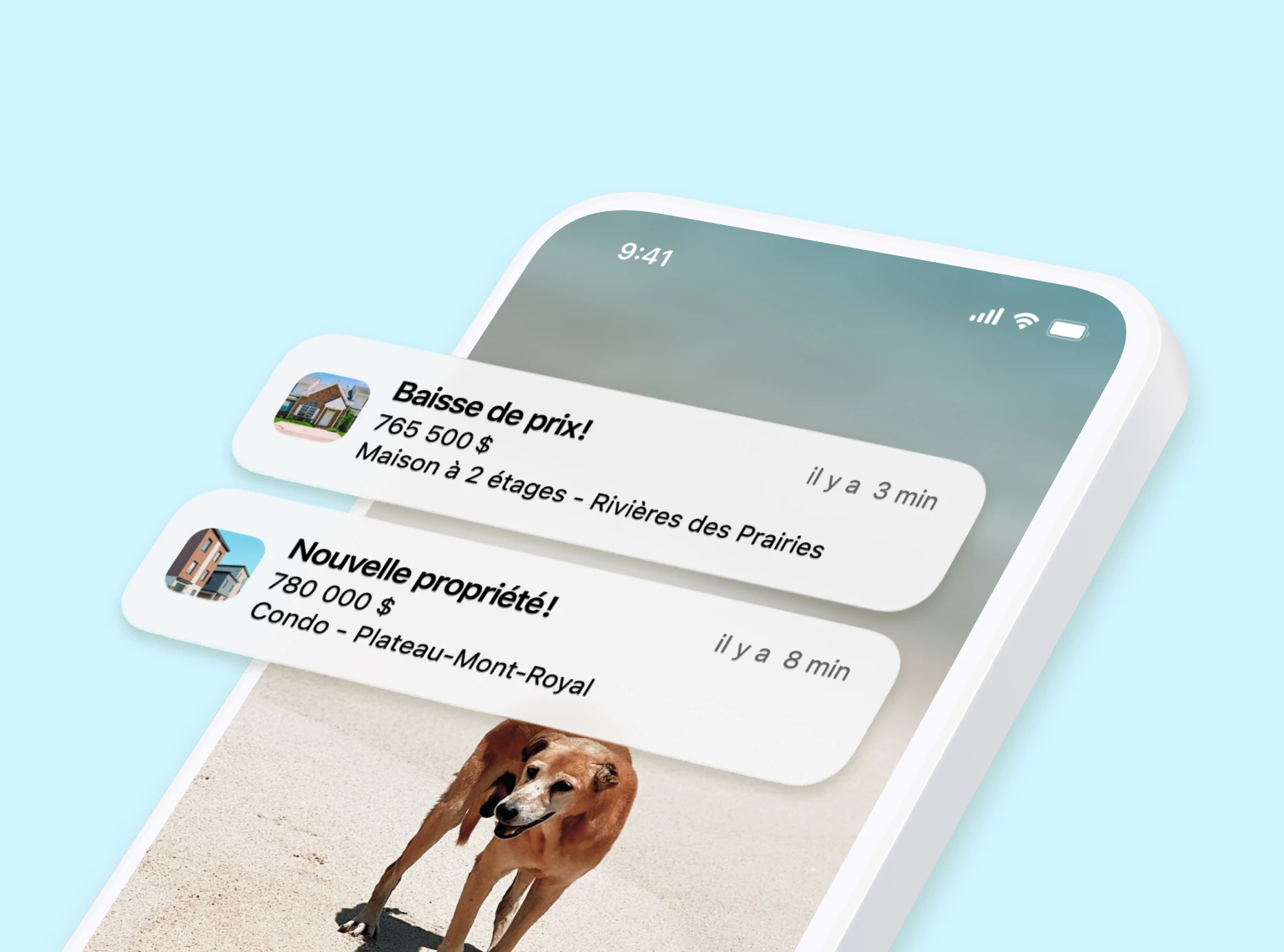 Notifications montrant une baisse de prix et une nouvelle propriété sur le marché