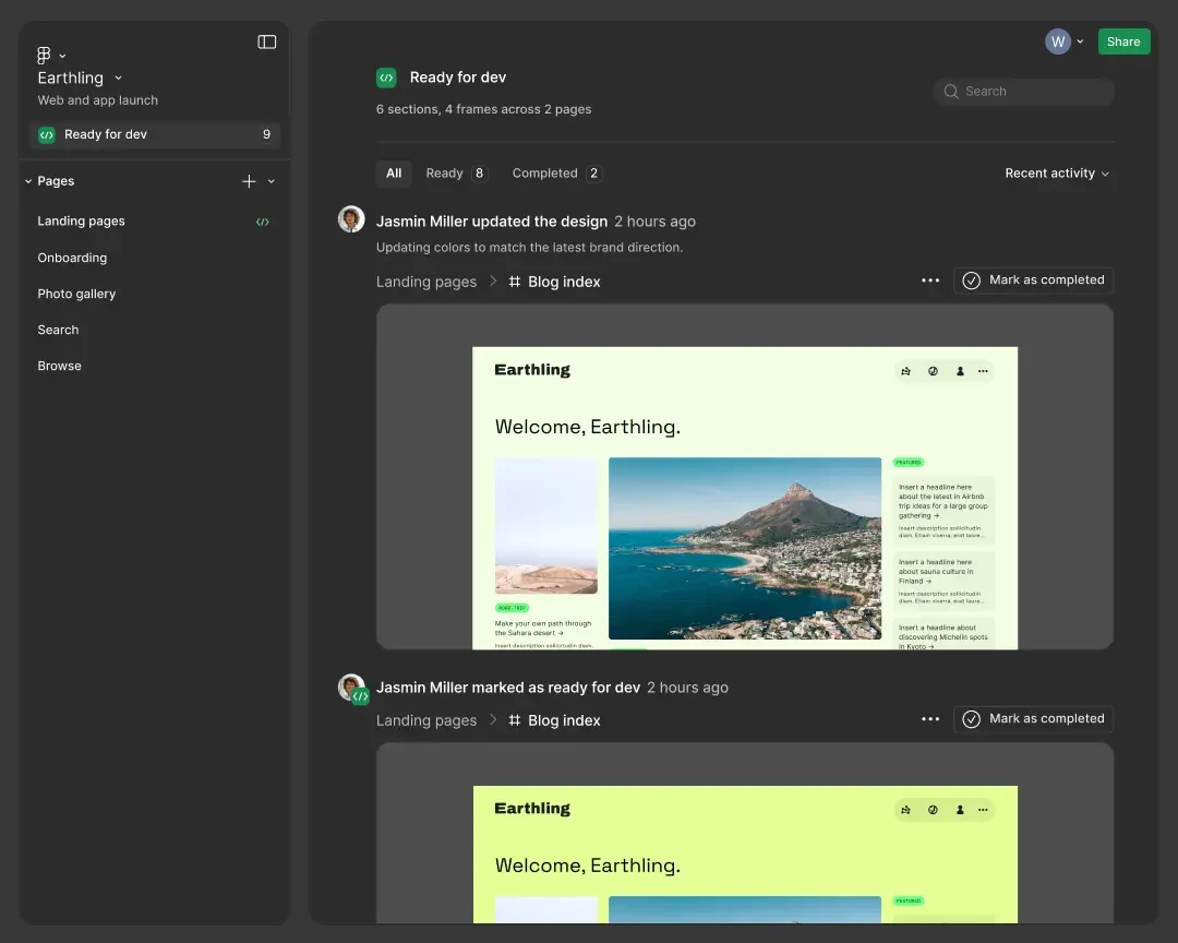 Designer-developer collaboration interface "Ready for Dev"