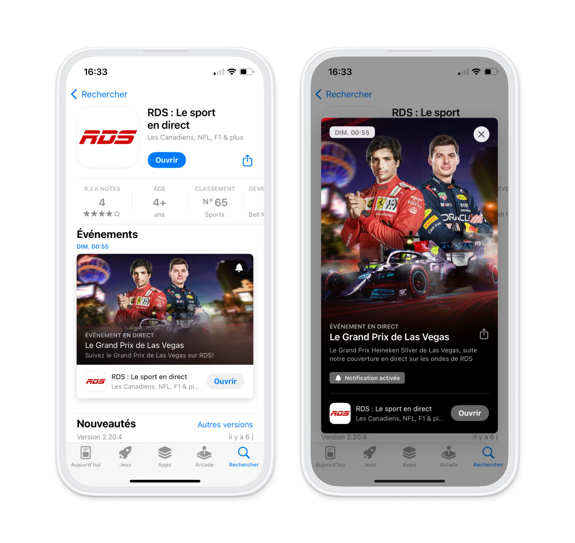 Page App Store de l'application mobile RDS montrant les événements sportifs en direct