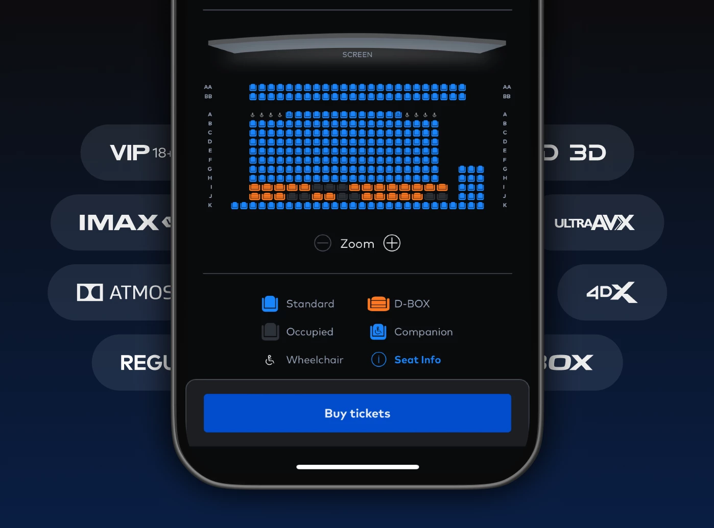 Visual presentation of viewing options and seat selection interface