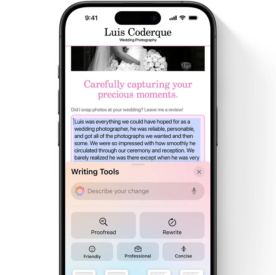 Apple Writing Tools, montrant l'assistance textuelle